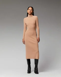Outlet FROM FUTURE Robe Longue Manche Longue Col Roule A Cotes Camel