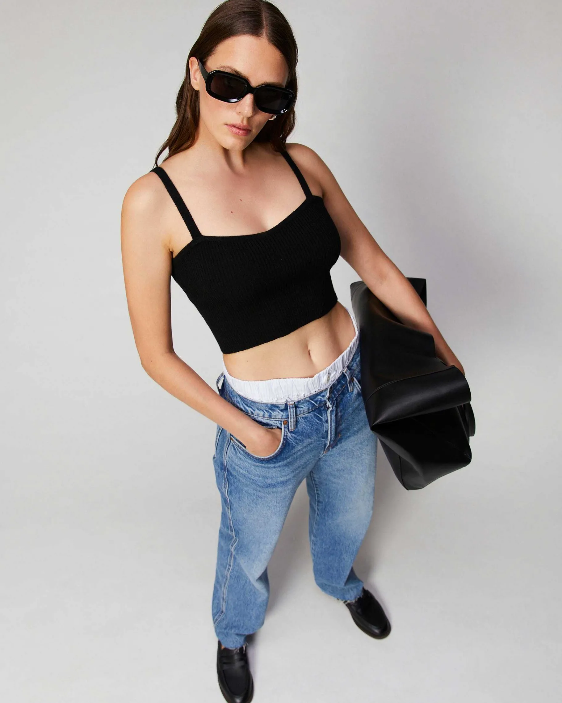 New FROM FUTURE Top Bretelle A Cotes Decollete Coeur Gris Chine Fonce