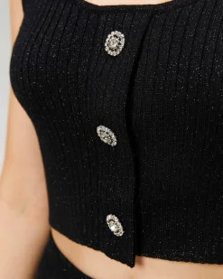 Hot FROM FUTURE Top Bretelle Metallise Boutons Bijoux Noir