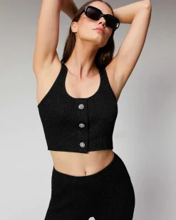 Hot FROM FUTURE Top Bretelle Metallise Boutons Bijoux Noir
