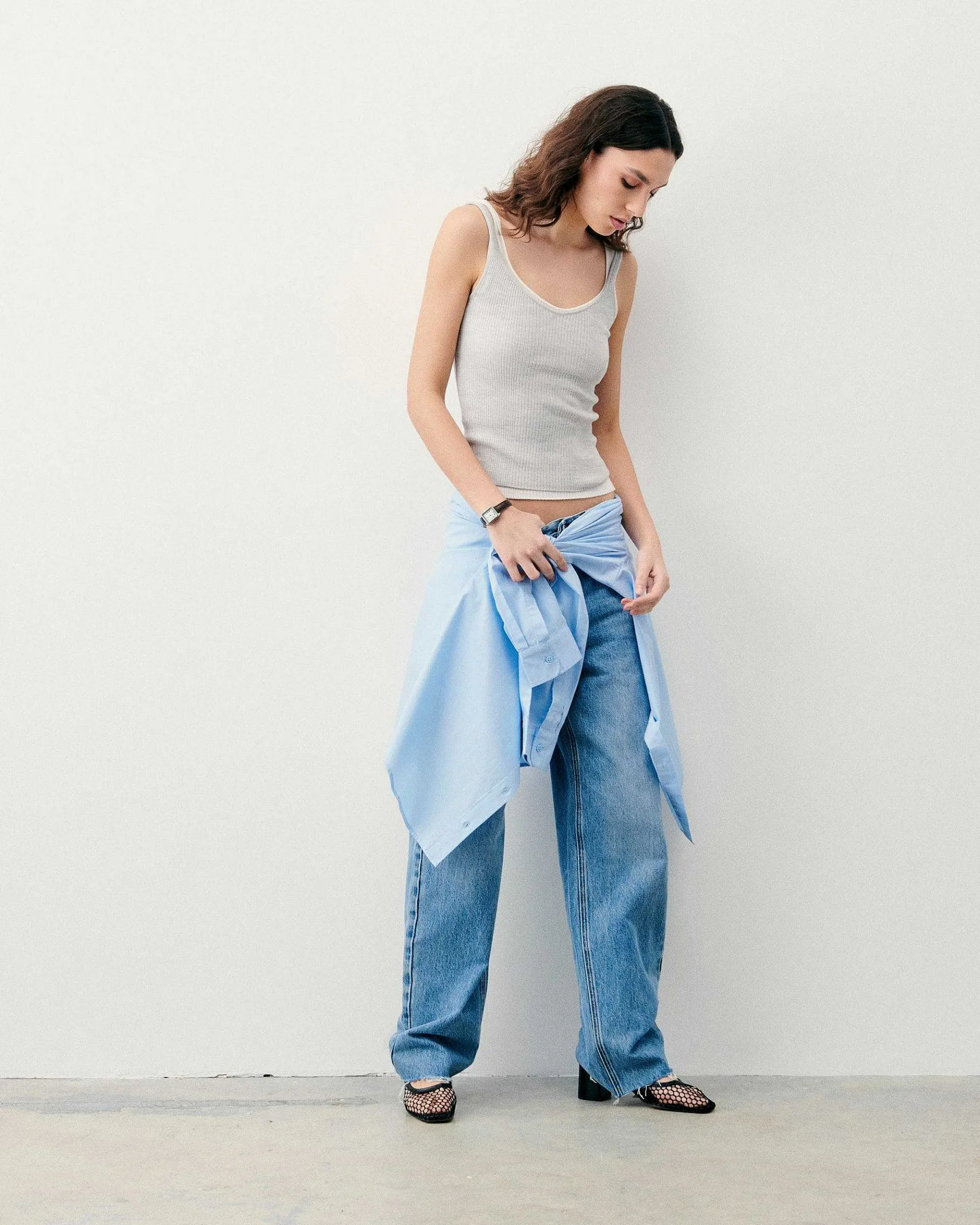 Discount FROM FUTURE Top Debardeur A Cotes Uni Gris Chine Clair