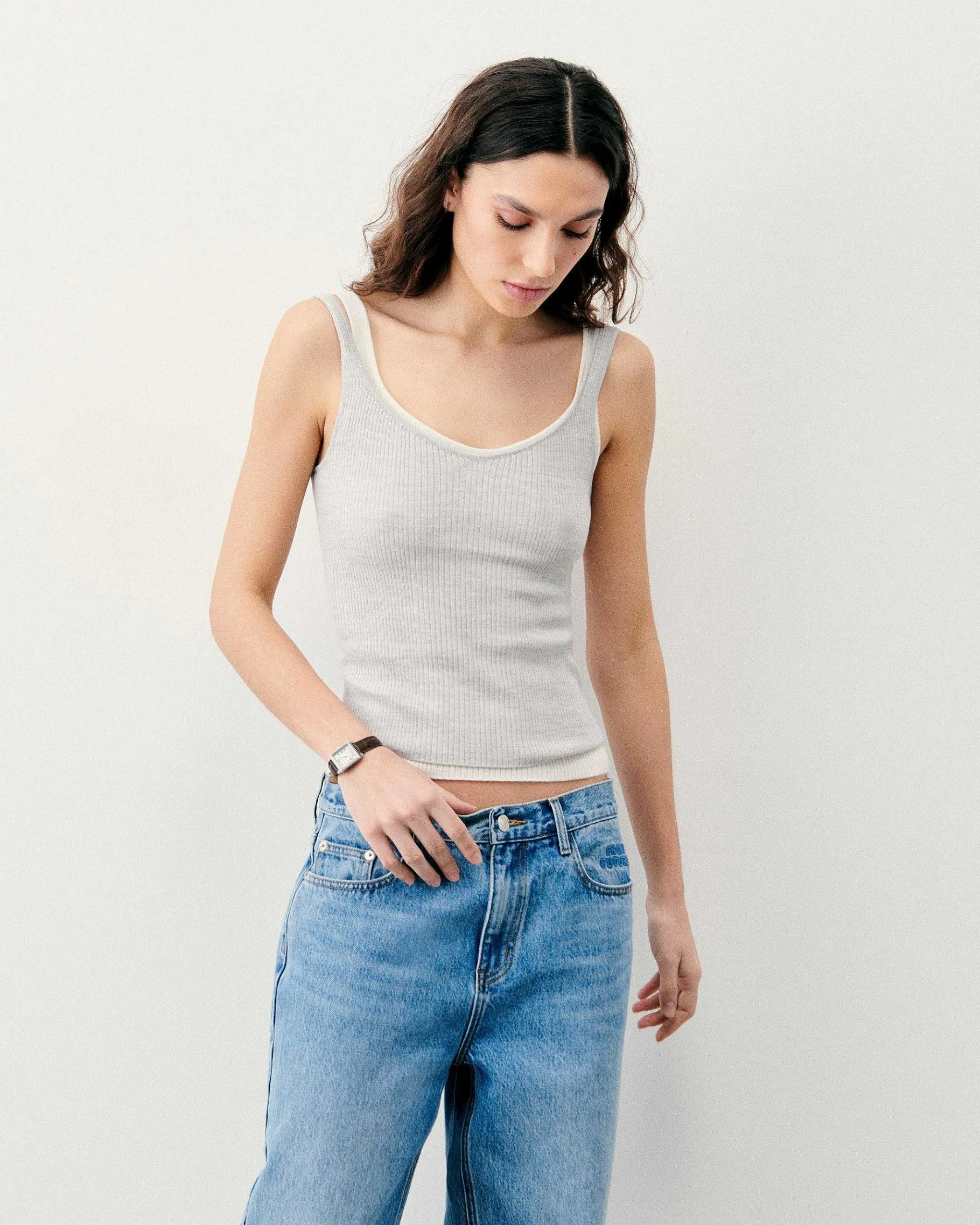 Discount FROM FUTURE Top Debardeur A Cotes Uni Gris Chine Clair