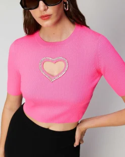 Clearance FROM FUTURE Top Manches Courtes Coeur Strass Sparkle Pink
