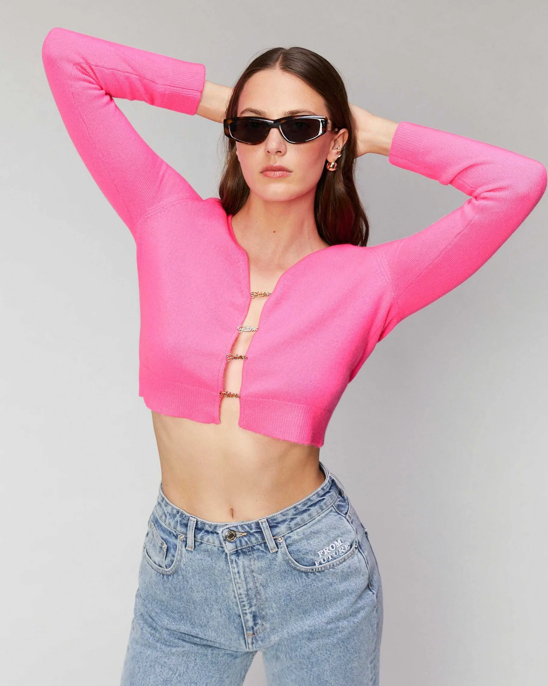 Hot FROM FUTURE Top Manches Longues Boutons Bijoux Sparkle Pink