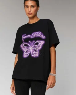 New FROM FUTURE T-Shirt Col Rond Papillon Noir