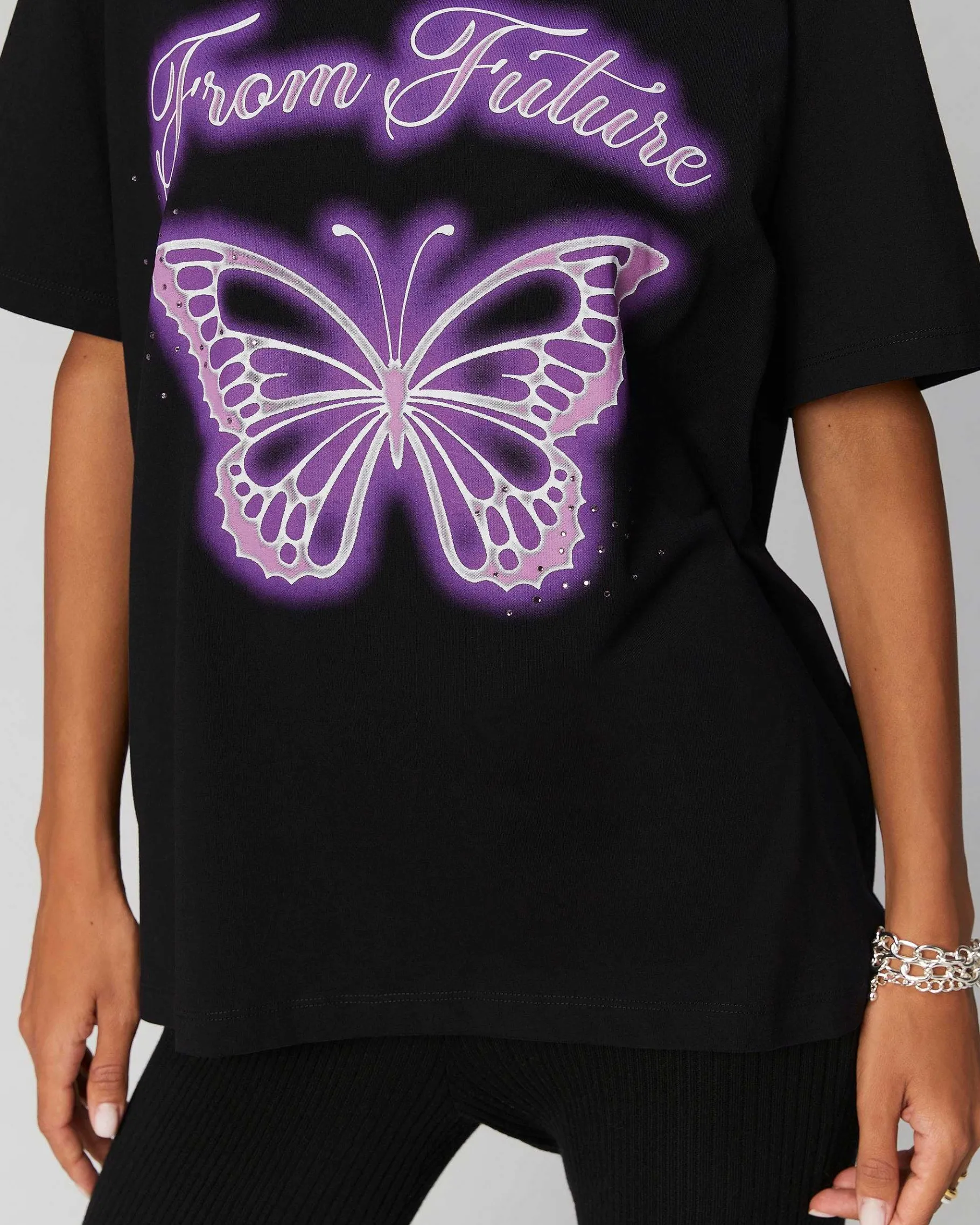 New FROM FUTURE T-Shirt Col Rond Papillon Noir