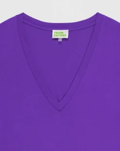 Sale FROM FUTURE T-Shirt Col V Basique Violet Fluo