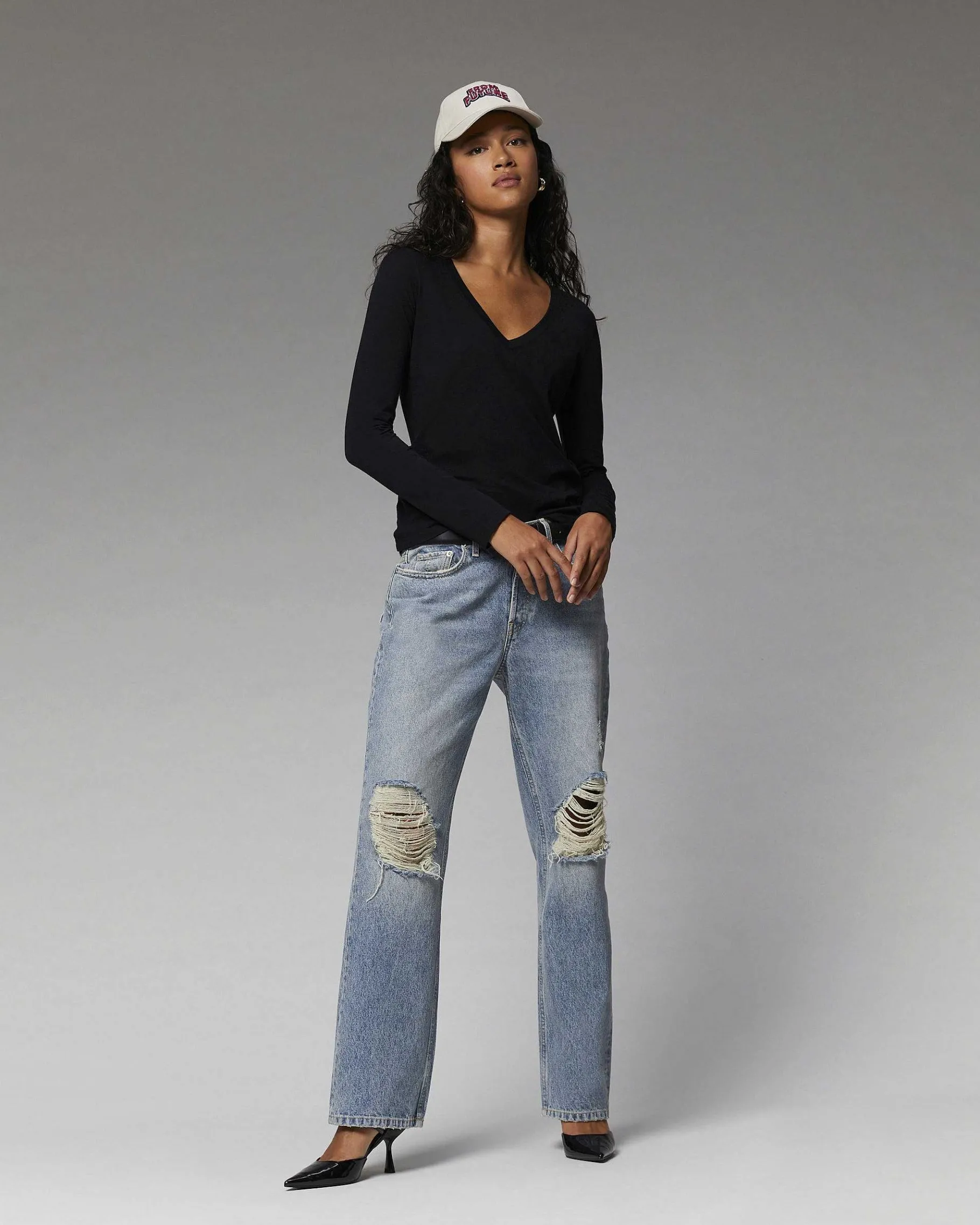 Hot FROM FUTURE T-Shirt Col V Basique Manches Longues Navy