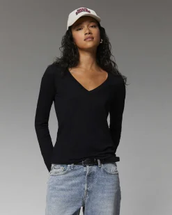 Hot FROM FUTURE T-Shirt Col V Basique Manches Longues Navy