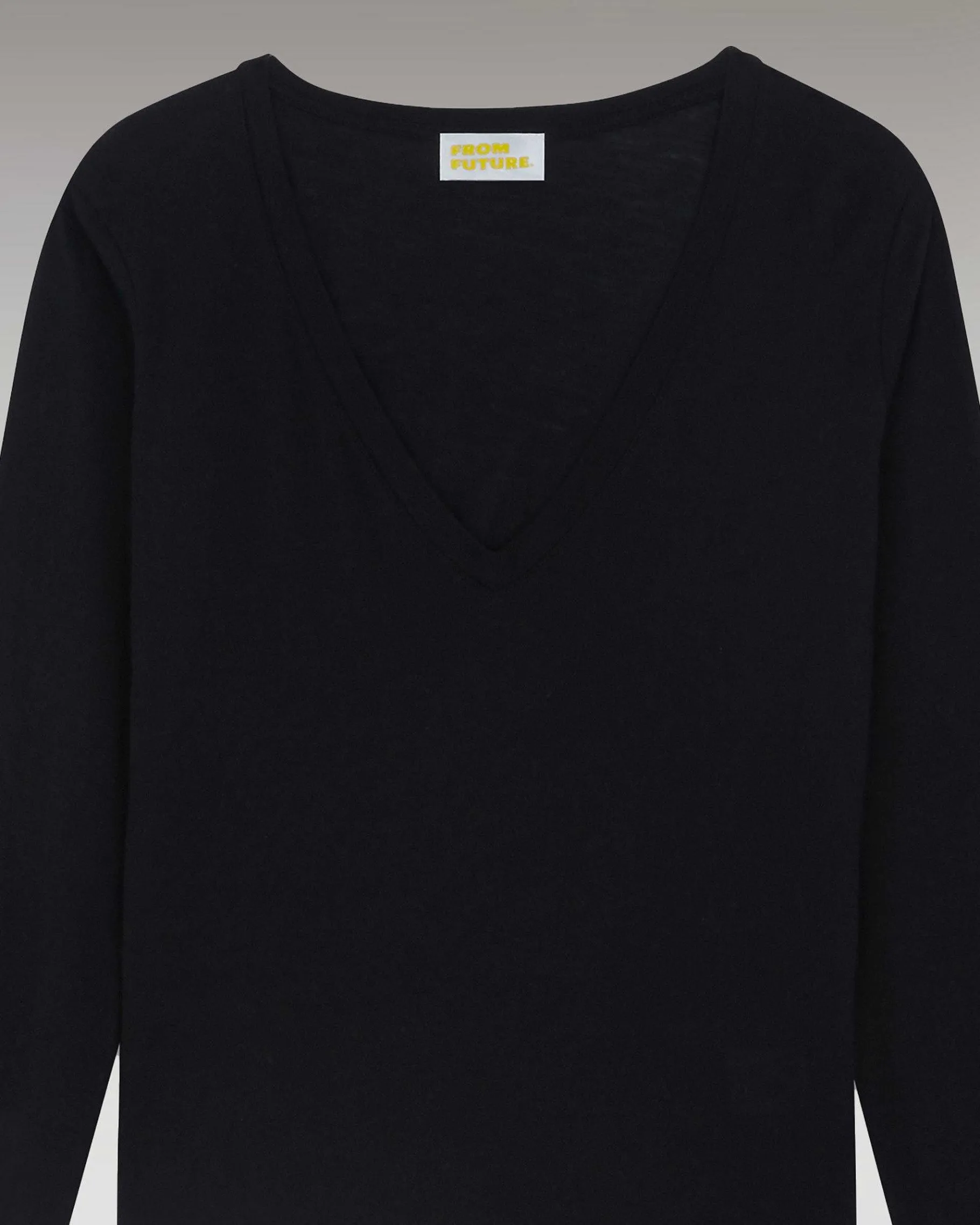 Discount FROM FUTURE T-Shirt Col V Manches Longues Basique Noir