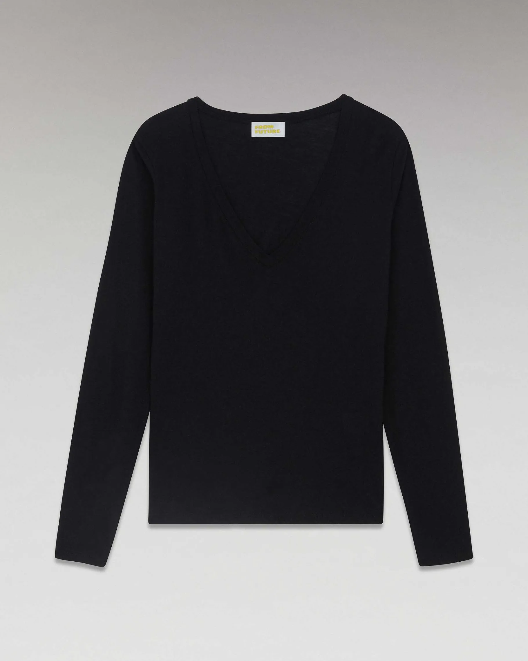 Discount FROM FUTURE T-Shirt Col V Manches Longues Basique Noir